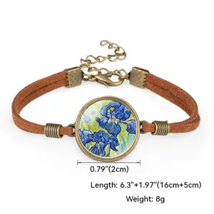 Close-up of Van Gogh Irises painting glass cabochon bracelet with brown suede cord detail