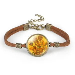 Detail of vintage suede rope bracelet with Van Gogh Sunflower art glass cabochon centerpiece.