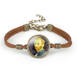 Close-up of Van Gogh self-portrait glass pendant on adjustable brown velvet bracelet