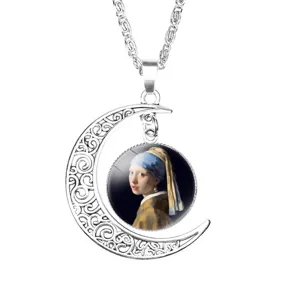 Vintage Alloy Crescent Moon Pendant Necklace Famous Oil Painting Art Jewelry Gift For Women
