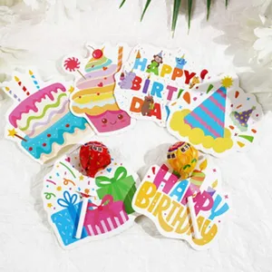 Decorative birthday lollipop card tags with colorful cartoon cake and gift designs