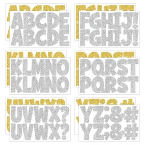 Detailed view of 1-inch glitter alphabet and symbol stickers in gold and silver.