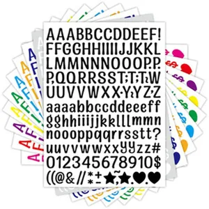 Detail showing vinyl alphabet and number stickers with various symbols and colors