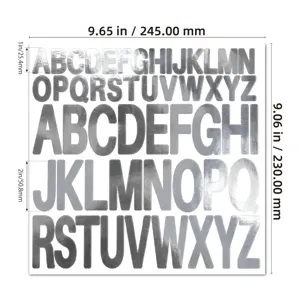Silver metallic alphabet stickers with detailed size measurements in inches and mm