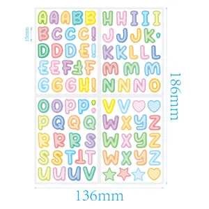Measurement detail of colorful bubble alphabet stickers with 15mm character height