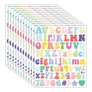 Premium colorful alphabet and number sticker sheets featuring a retro bubble font style