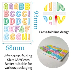Detailed view of foldable colorful cartoon alphabet sticker sheet measuring 68x93mm