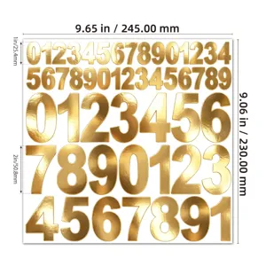 Detailed macro view of golden metallic number stickers in 1 and 2 inch sizes