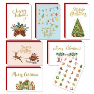 Gold Foil Christmas Greeting Card Set With Red Envelopes Stickers Merry Christmas Happy Holidays Cards For Party Gifting