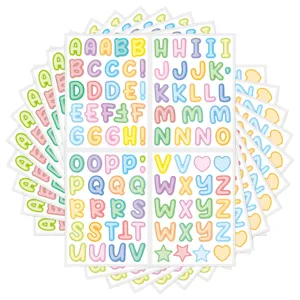 Detailed view of colorful cartoon alphabet stickers fanned out in a circle.