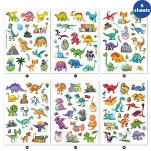 Close-up of 6 sheets featuring various colorful cartoon dinosaur stickers for kids