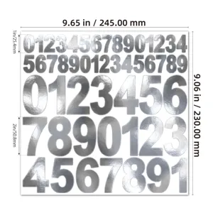 Detailed view of silver metallic number stickers in 1 and 2 inch sizes with dimensions