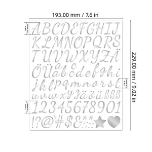Detailed size chart for 1-inch silver German script alphabet and number sticker sheet