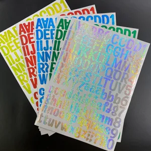 Close-up of holographic 1-inch alphabet and number stickers for DIY