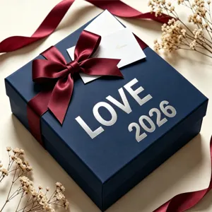 Macro detail showing silver metallic LOVE and 2026 letter stickers on a navy gift box
