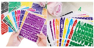 Detailed view of 0.5-inch colorful waterproof alphabet and number sticker sheets.