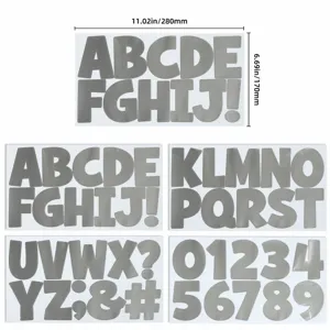 Detailed view of 3 inch silver adhesive alphabet and number stickers with dimensions 11.02x6.69in