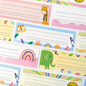 Detailed view of colorful cartoon animal student desk name plates for classrooms