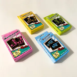 Set of four colorful math flash cards covering addition subtraction multiplication division