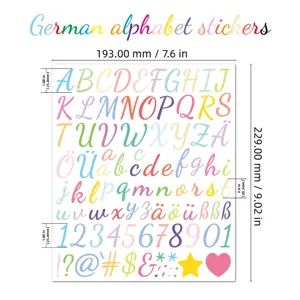 Detailed layout of 1-inch German alphabet vinyl stickers showing full sheet dimensions
