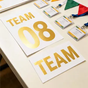 Close-up macro of metallic gold TEAM 08 stickers for professional event signage