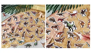 Close-up of 50pcs waterproof Jurassic dinosaur stickers on vintage newspaper background