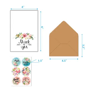 Detailed dimensions of floral thank you card set with kraft envelope and stickers