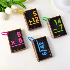 Close-up of four colorful math flashcard decks for addition, subtraction and multiplication