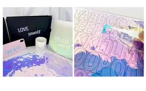 Macro view of 1-inch holographic metallic alphabet stickers applied to notebook and mug
