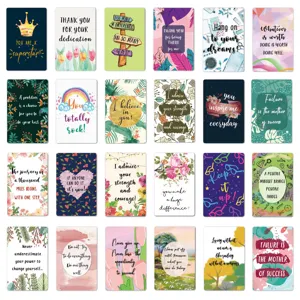 Aperçu de 72 cartes de motivation colorées avec citations anglaises et motifs floraux.