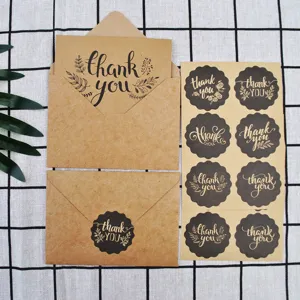 Detailed view of vintage kraft thank you card set with envelopes and stickers