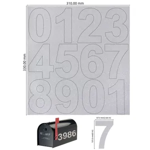 4-inch silver glitter vinyl number stickers for mailboxes showing product dimension specs