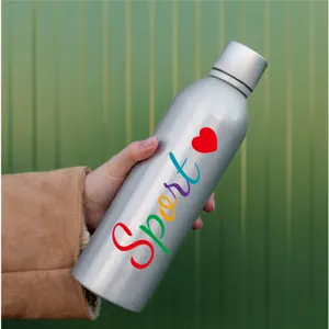 Colorful 'Sport' vinyl sticker applied on a silver metallic water bottle