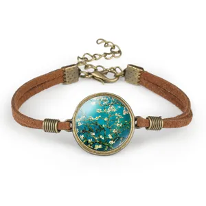 Detailed view of Van Gogh Almond Blossoms glass gem on brown suede rope handmade bracelet