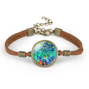 Detail of Van Gogh Irises painting glass cabochon bracelet with brown suede cord
