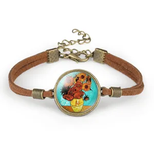 Vintage Van Gogh Art Painting Time Gem Leather Rope Bracelet Bronze Metal Adjustable Handmade Art Bracelet Jewelry Gift