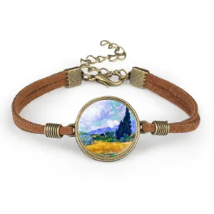 Detailed view of Van Gogh Wheat Field with Cypresses art glass cabochon bracelet.