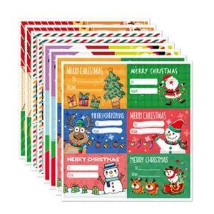 Detailed view of multiple cartoon Christmas gift stickers with To and From fields.