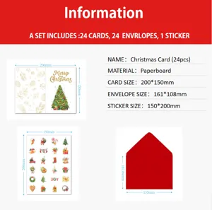 Detailed size guide for Christmas card set including 24 cards, envelopes, and stickers
