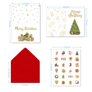 Detailed view of Christmas card set with red envelope and festive stickers, showing sizes.