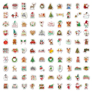 Set of 100 colorful cartoon Christmas stickers featuring Santa reindeer and trees