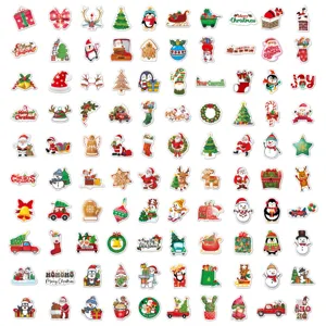 Set of 100 colorful waterproof Christmas stickers with cartoon Santa Claus and reindeer icons