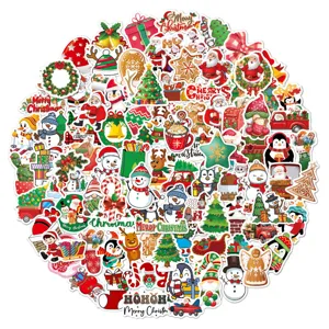 Set of 100 assorted waterproof cartoon Christmas stickers for gifts and party decor.