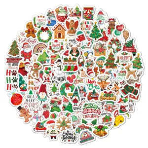 100pcs colorful Christmas stickers with Santa and reindeer for DIY festive decoration.