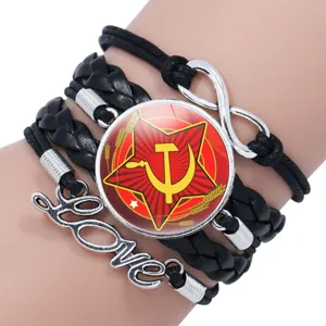 Soviet hammer sickle red star multi-layer braided leather bracelet with love metal charm.