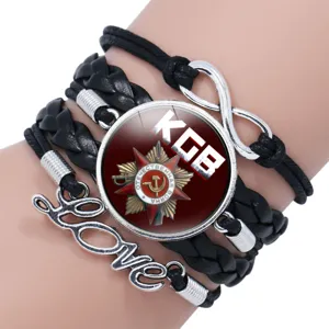 Multi-layer braided leather bracelet featuring Soviet KGB and Patriotic War glass cabochon charm.