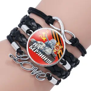 Soviet World War II T-34 Tank Multi-layer Leather Bracelet with Time Gem & Love Charm