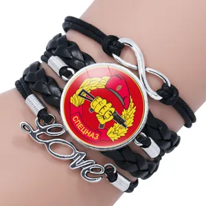 Multi-layer leather bracelet with Spetsnaz theme glass cabochon and metal love charm.