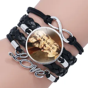Retro USSR theme multi-layer black leather braided bracelet with glass cabochon pendant