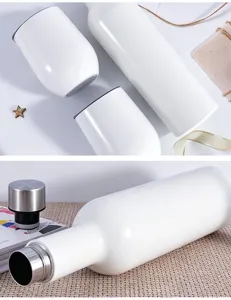 White stainless steel insulated wine bottle set with two egg-shaped tumblers